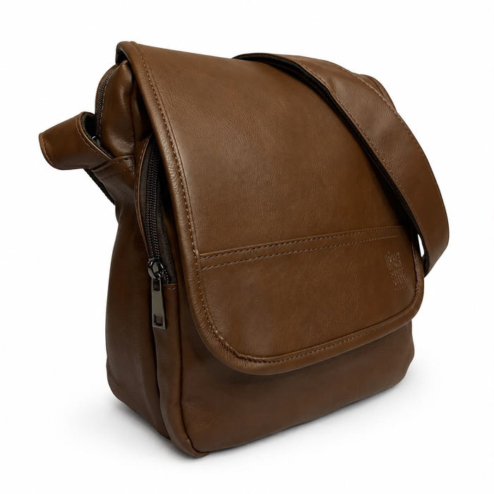 Distressed Leather Courier Crossbody Bag - Dark Brown
