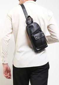 Distressed Leather Zipper Pocket Slingbag - Black