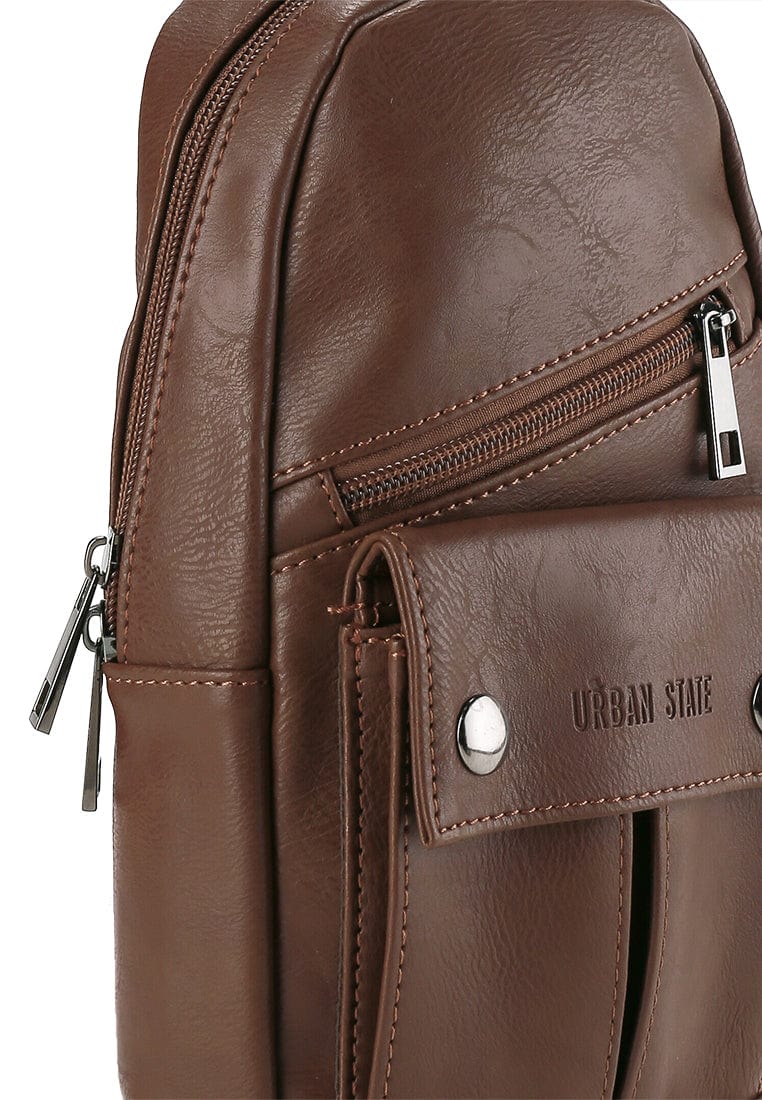 Distressed Leather Zipper Pocket Slingbag - Camel