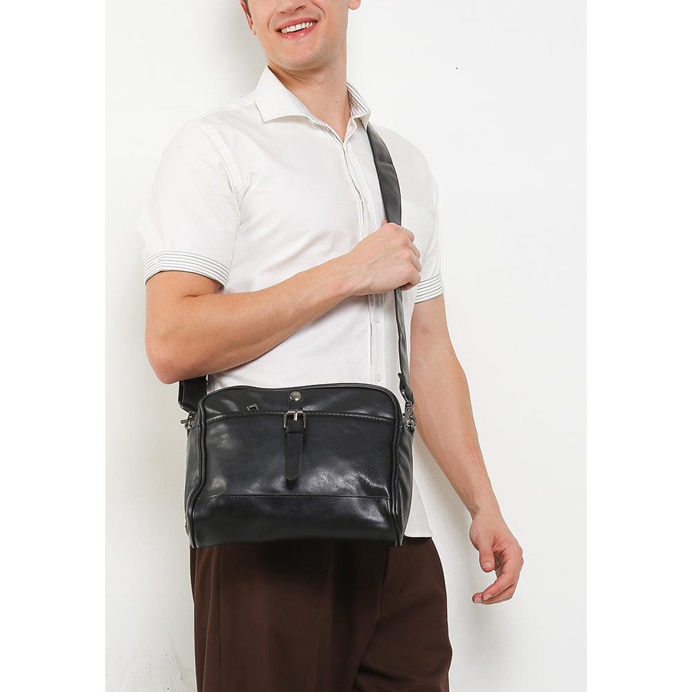 Distressed Leather Expedition Crossbody Bag - Black