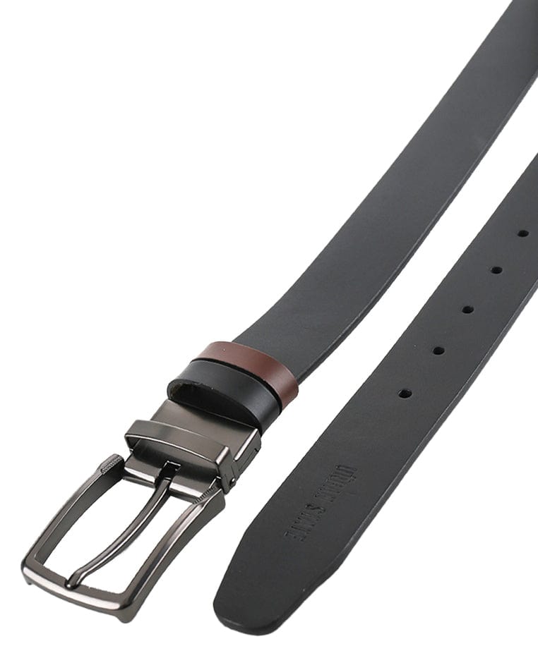 Gunmetal Formal Square Pin Buckle Reversible Top Grain Leather Belt - Black Brown