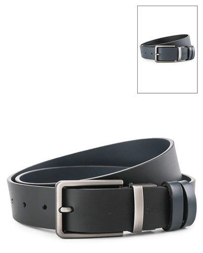 Matte Slim Square Pin Buckle Reversible Top Grain Leather Belt - Black Blue