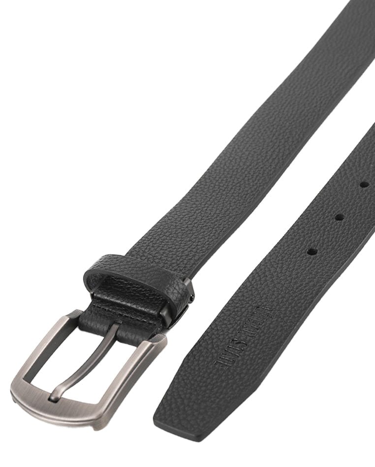Rounded Classic Pin Buckle Top Grain Leather Belt - Black