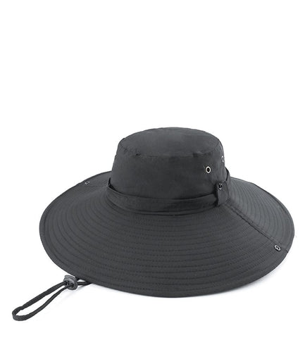 Windproof Wide Brim Bucket Hat with String - Black