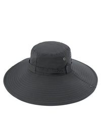 Windproof Wide Brim Bucket Hat with String - Black