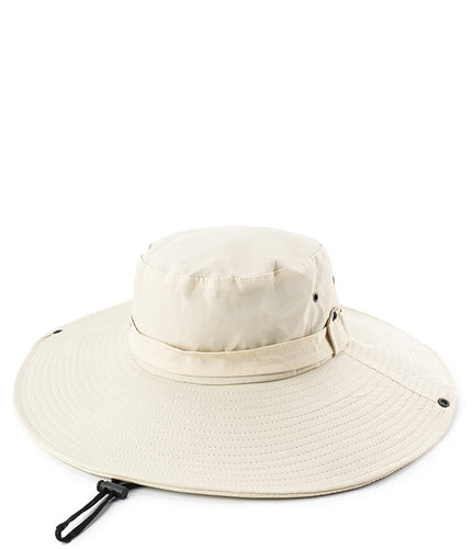 Windproof Wide Brim Bucket Hat with String - Cream