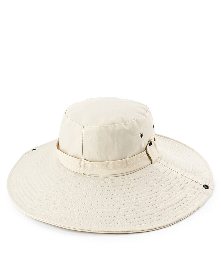 Windproof Wide Brim Bucket Hat with String - Cream