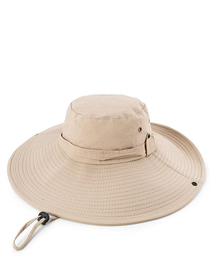 Windproof Wide Brim Bucket Hat with String - Khaki