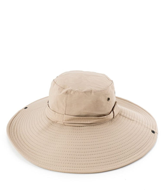 Windproof Wide Brim Bucket Hat with String - Khaki