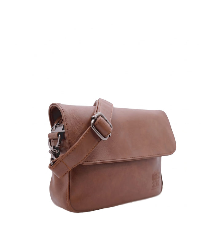 Distressed Leather Cityform Crossbody Pouch Bag - Camel