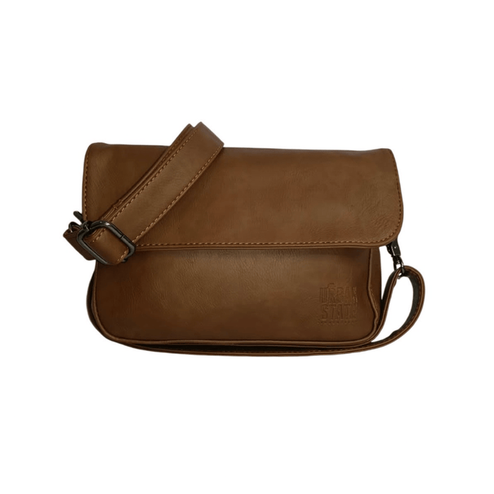 Distressed Leather Cityform Crossbody Pouch Bag - Camel