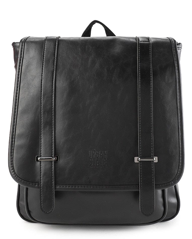 Distressed Leather Commuter Messenger Backpack - Black