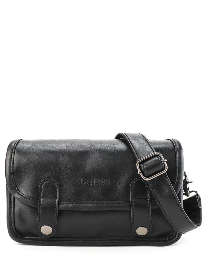 Distressed Leather Button Flap Crossbody Bag - Black