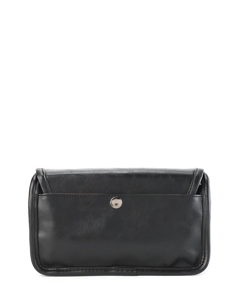Distressed Leather Button Flap Crossbody Bag - Black