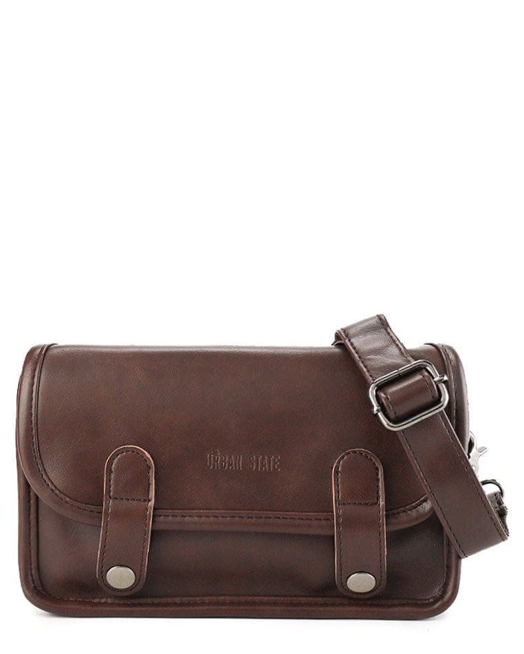Distressed Leather Button Flap Crossbody Bag - Dark Brown