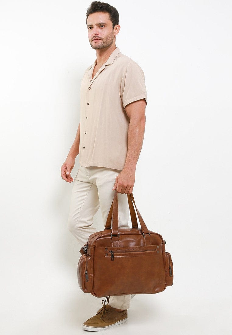 Distressed Leather Commuter Duffel Bag - Camel