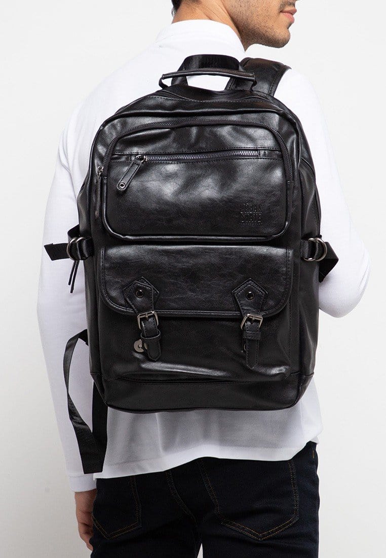 Pu Buckled Zipper Backpack - Black