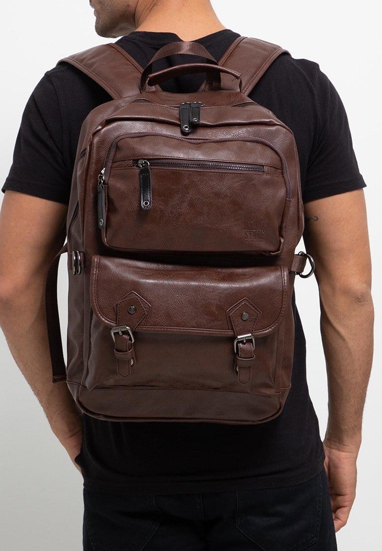 Pu Buckled Zipper Large Backpack - Dark Brown