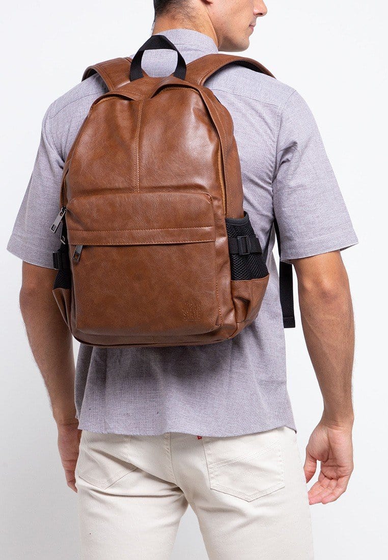 Distressed Leather Mesh Backpack - Camel