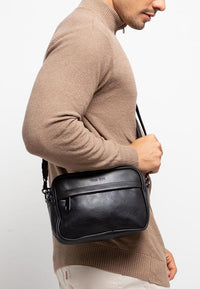 Distressed Leather Zipper Crossbody Bag - Black