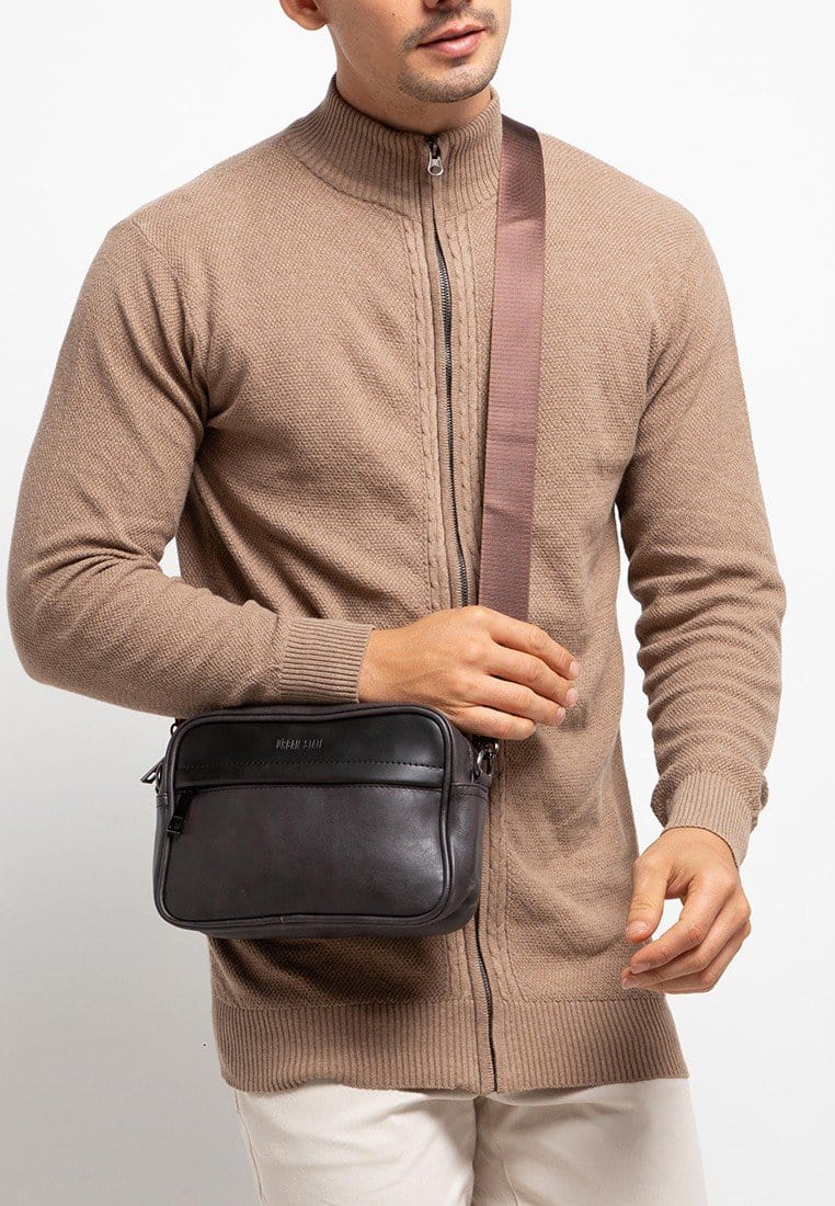 Distressed Leather Zipper Crossbody Bag - Brown