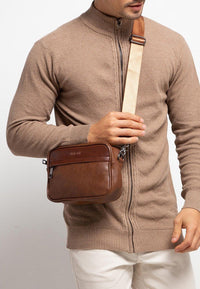 Distressed Leather Zipper Crossbody Bag - Camel