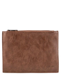 Distressed Leather Slim Pouch Clutch - Camel