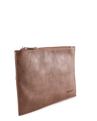 Distressed Leather Slim Pouch Clutch - Camel