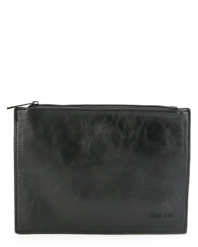 Distressed Leather Slim Pouch Clutch - Black