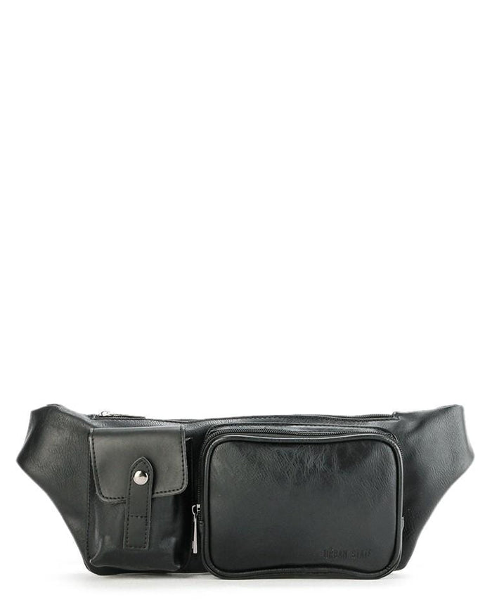 Distressed Leather Zipper Waist Pouch - Black