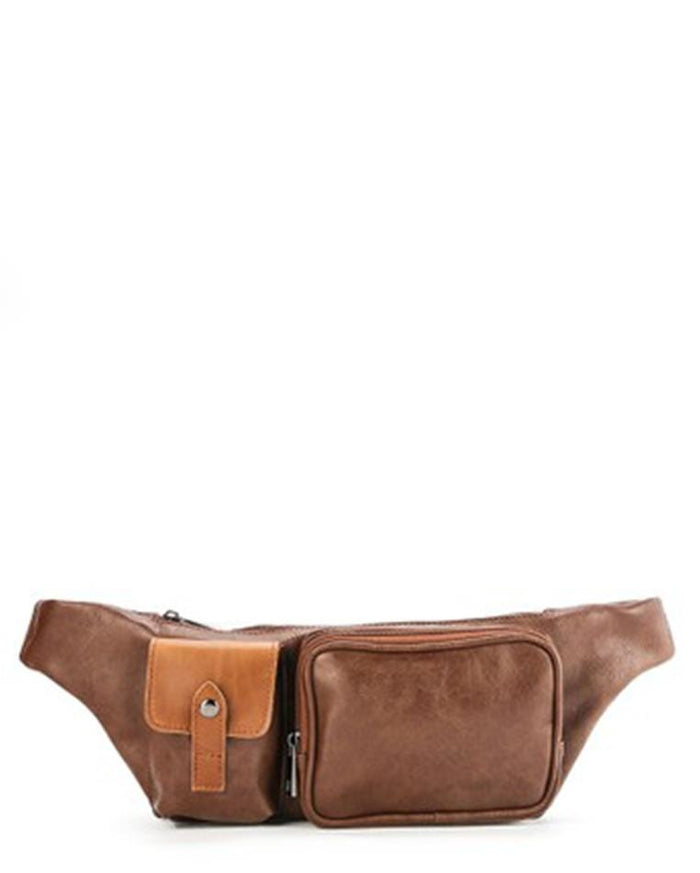 Distressed Leather Zipper Waist Pouch - Camel