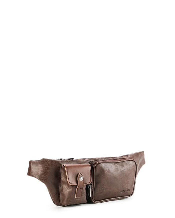 Distressed Leather Zipper Waist Pouch - Dark Brown