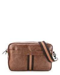 Distressed Leather Striped Pocket Crossbody Bag - Camel