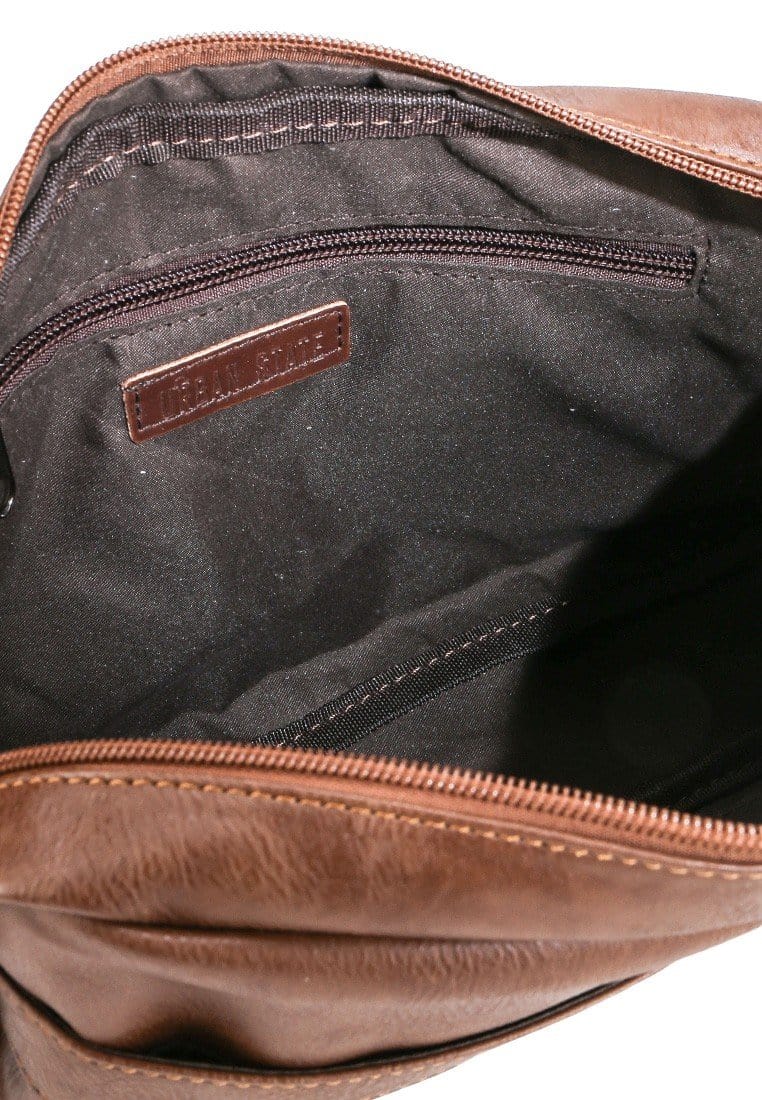 Distressed Leather Striped Pocket Crossbody Bag - Camel