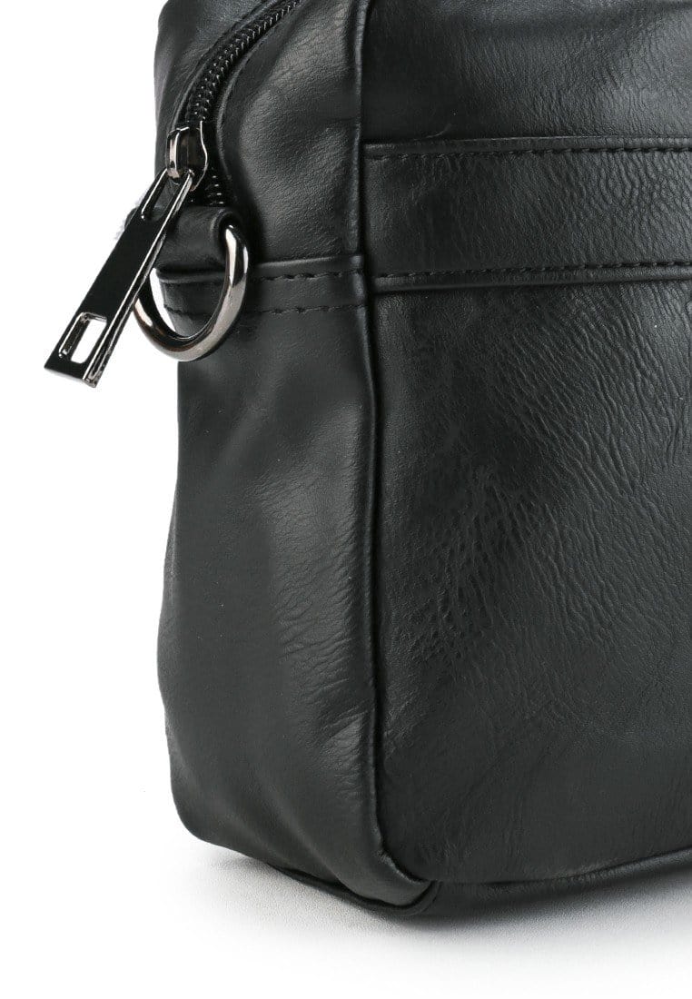 Distressed Leather Striped Pocket Crossbody Bag - Black