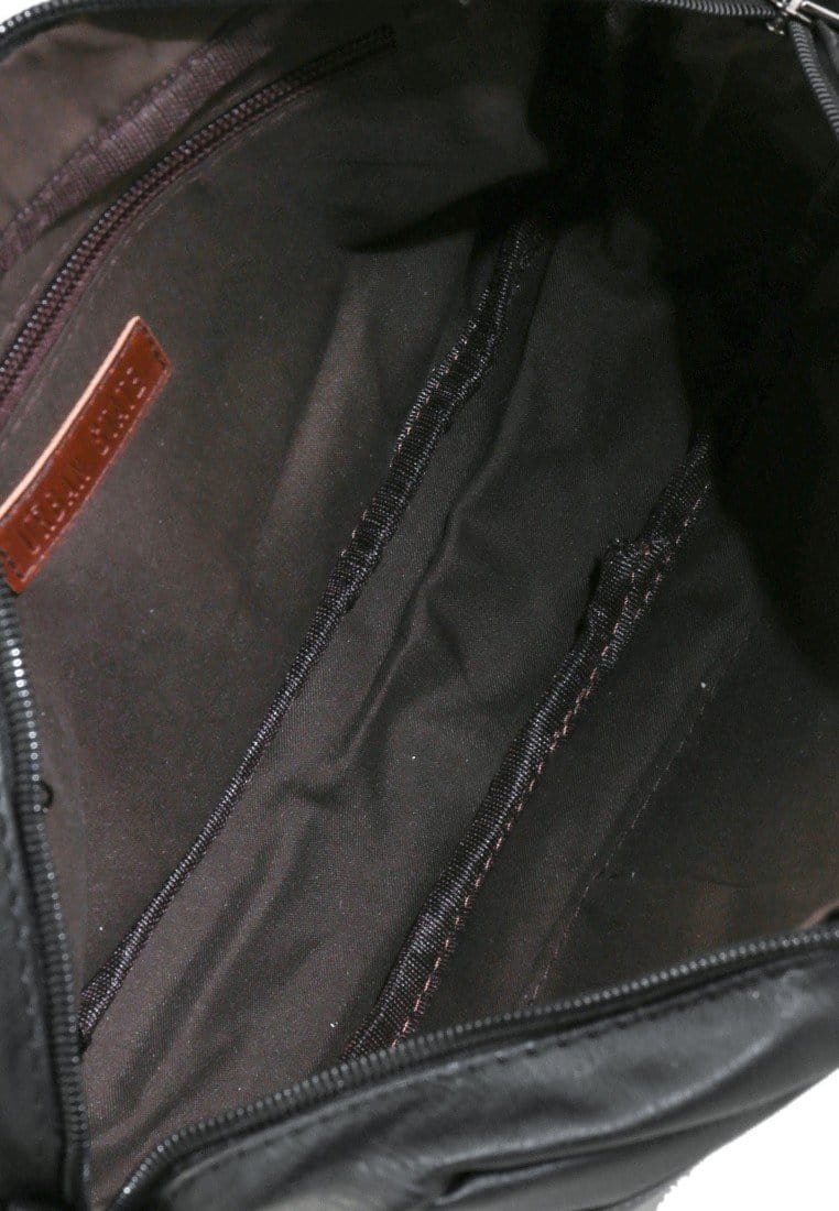 Distressed Leather Striped Pocket Crossbody Bag - Black