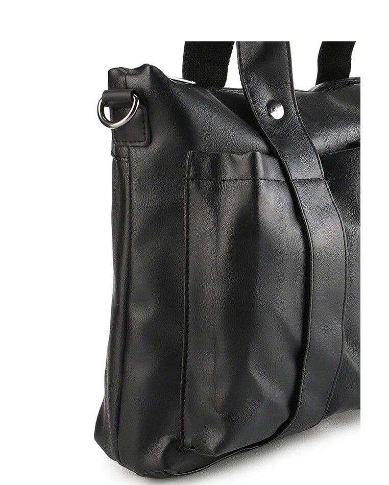 Distressed Leather Carryall Messenger Bag - Black