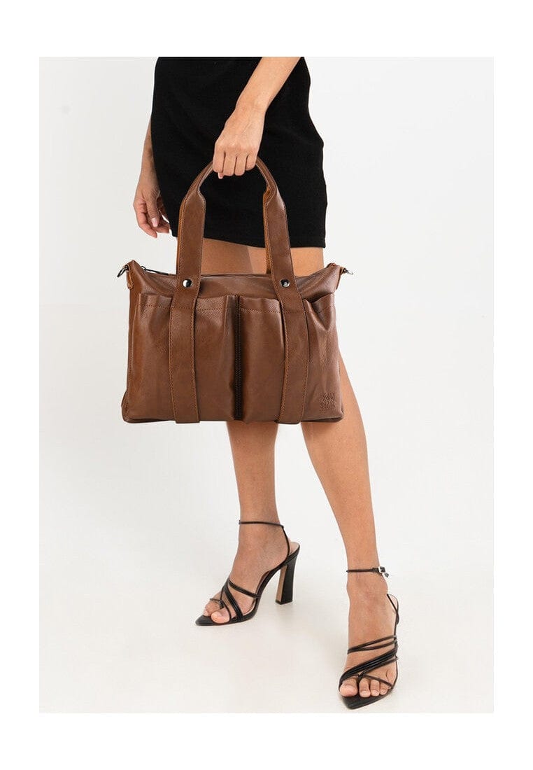 Distressed Leather Carryall Messenger Bag - Camel