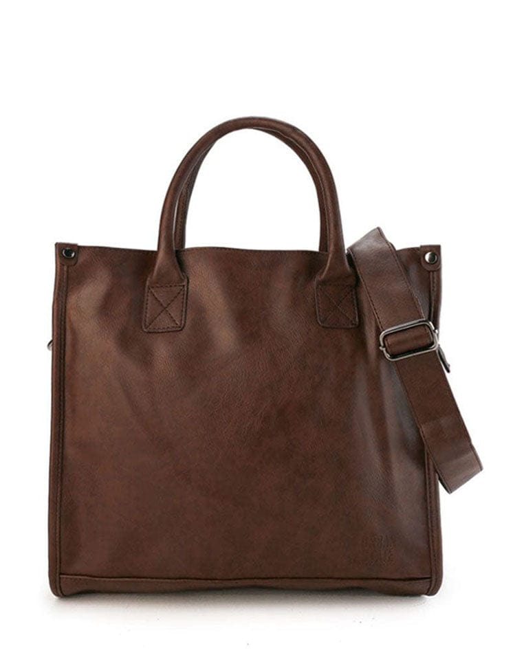 Distressed Leather Commuter Tote Bag - Dark Brown