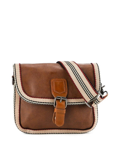 Distressed Leather Buckle Trim Crossbody Bag - Camel