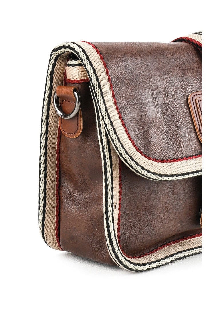 Distressed Leather Buckle Trim Crossbody Bag - Dark Brown