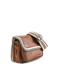 Distressed Leather Flap Trim Crossbody Bag - Camel