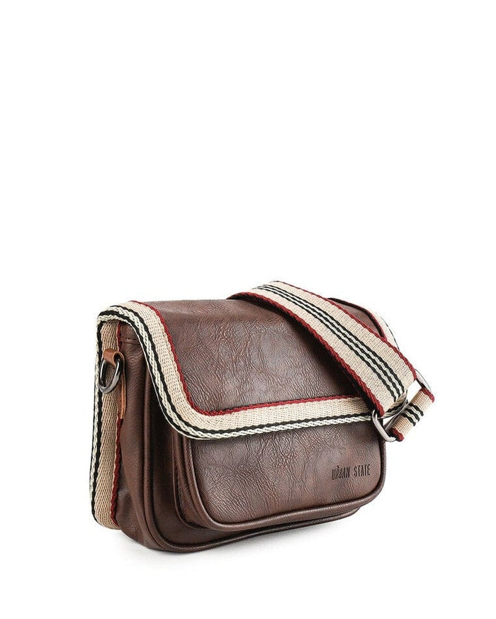 Distressed Leather Flap Trim Crossbody Bag - Dark Brown