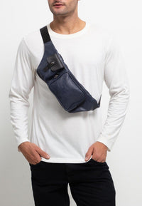 Distressed Leather Zipper Waist Pouch - Navy