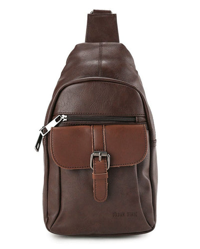 Distressed Leather Buckled Slingbag - Dark Brown