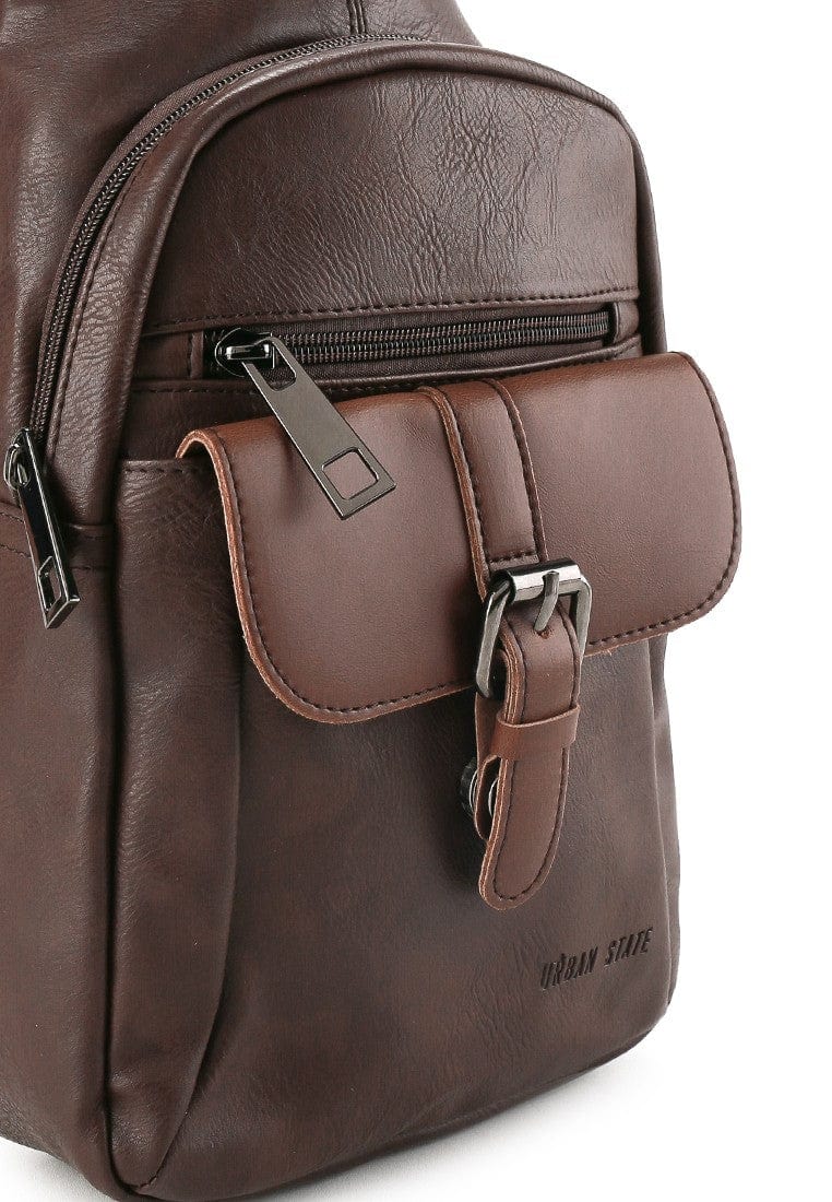 Distressed Leather Buckled Slingbag - Dark Brown