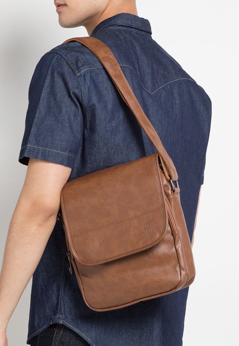 Distressed Leather Courier Crossbody Bag - Camel Messenger Bags - Urban State Indonesia